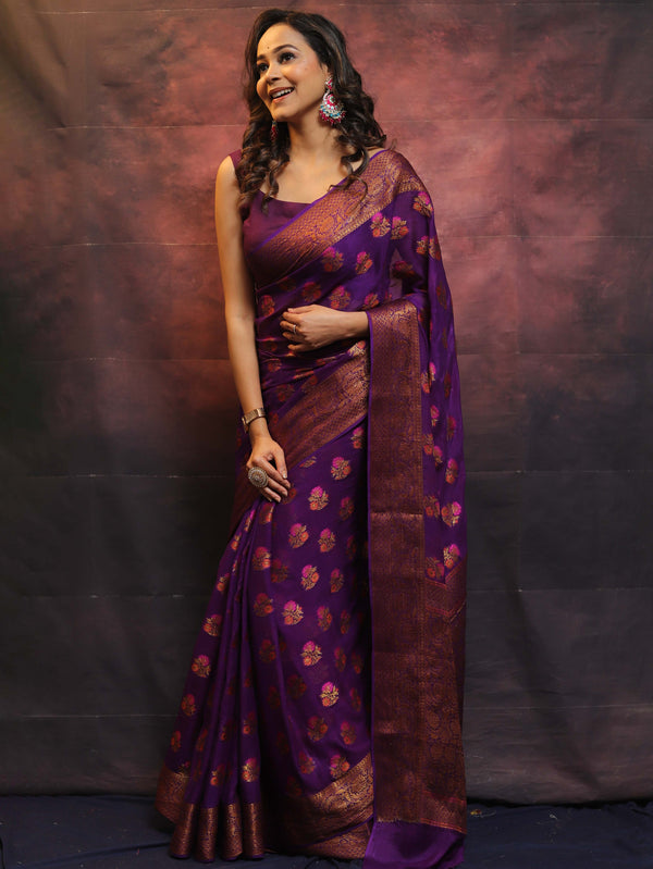 Banarasee  Handwoven Pure Chiffon Saree With Meenakari Work-Violet