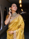 Banarasee Handwoven Plain Tissue Saree With Gold Zari Border & Lace-Yellow
