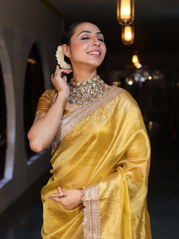 Banarasee Handwoven Plain Tissue Saree With Gold Zari Border & Lace-Yellow