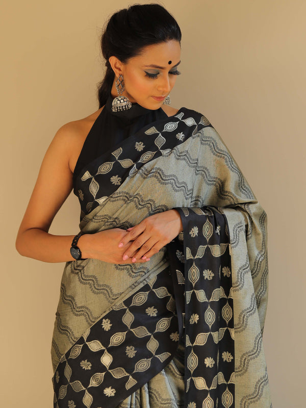 Banarasee Handloom Linen Silk Mix Saree-Grey & Black