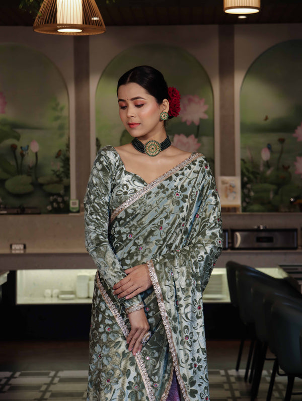 Banarasee Mirror Embroidered Velvet & Tissue Saree-Mint Green