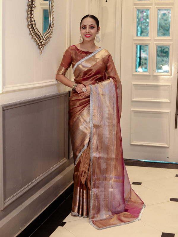 Banarasee Handwoven Dual Shade Plain Tissue Saree With Broad Zari Border & Lace-Rust