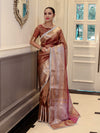 Banarasee Handwoven Dual Shade Plain Tissue Saree With Broad Zari Border & Lace-Rust