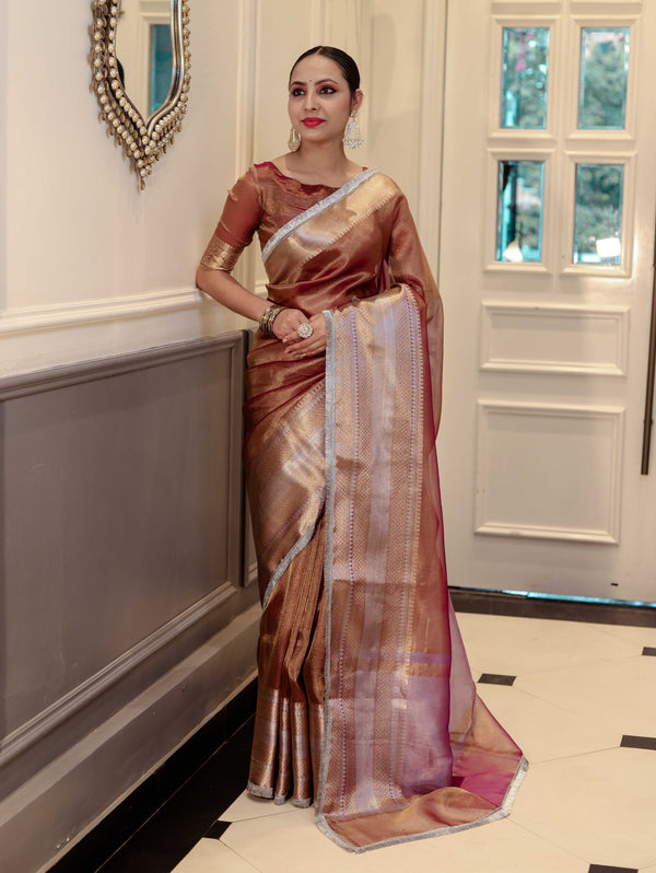 Banarasee Handwoven Dual Shade Plain Tissue Saree With Broad Zari Border & Lace-Rust
