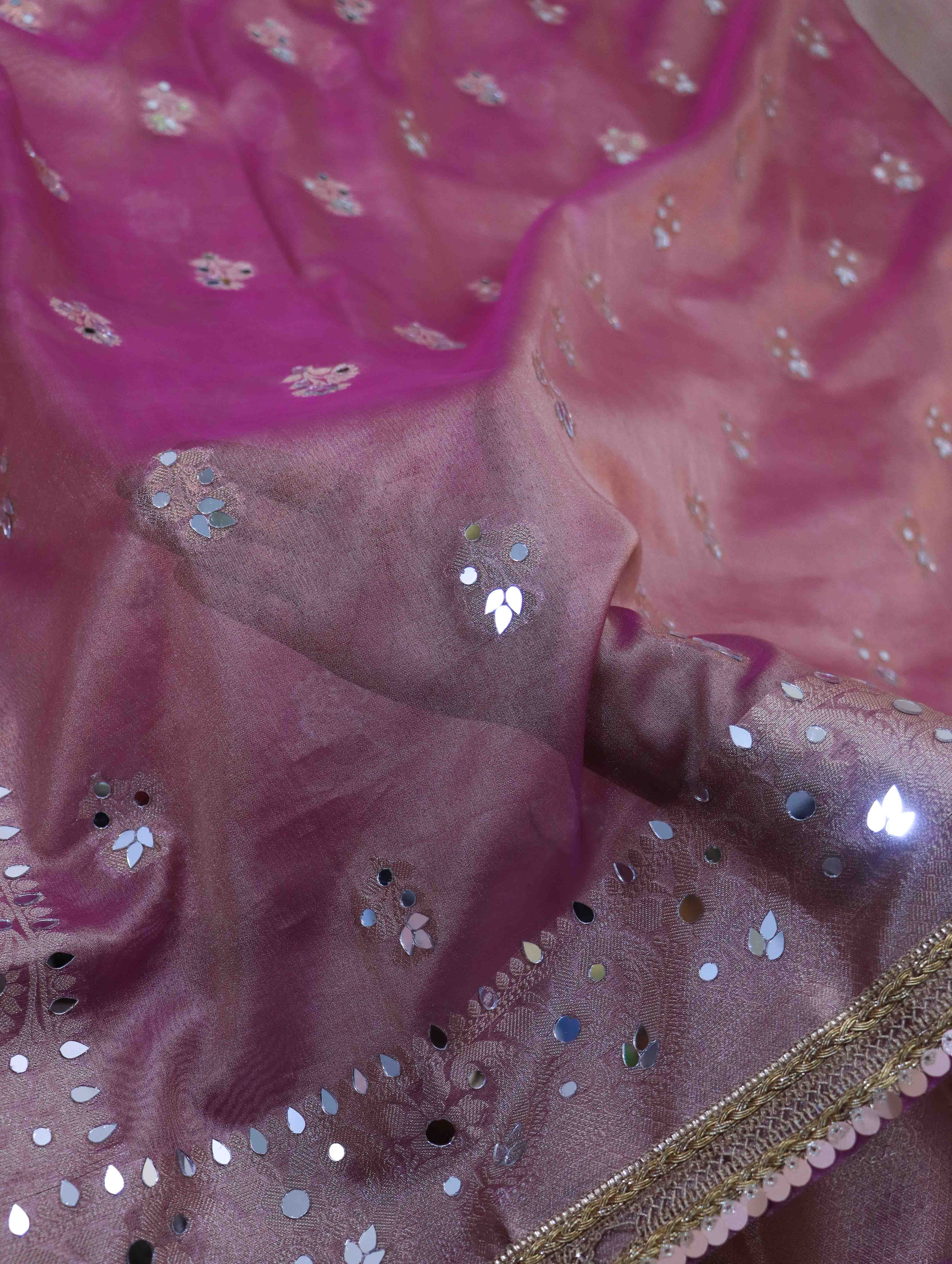 Banarasee Handwoven Tissue Zari Woven Mirror Work Saree-Light Pink
