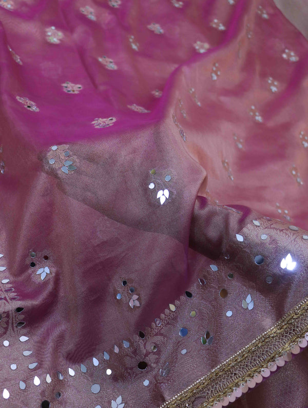 Banarasee Handwoven Tissue Zari Woven Mirror Work Saree-Light Pink