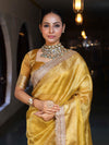 Banarasee Handwoven Plain Tissue Saree With Gold Zari Border & Lace-Yellow