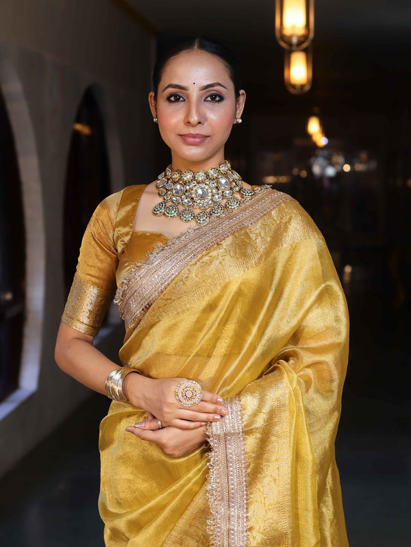 Banarasee Handwoven Plain Tissue Saree With Gold Zari Border & Lace-Yellow