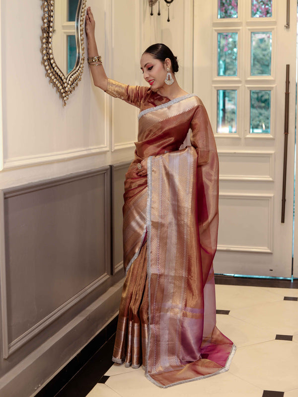Banarasee Handwoven Dual Shade Plain Tissue Saree With Broad Zari Border & Lace-Rust