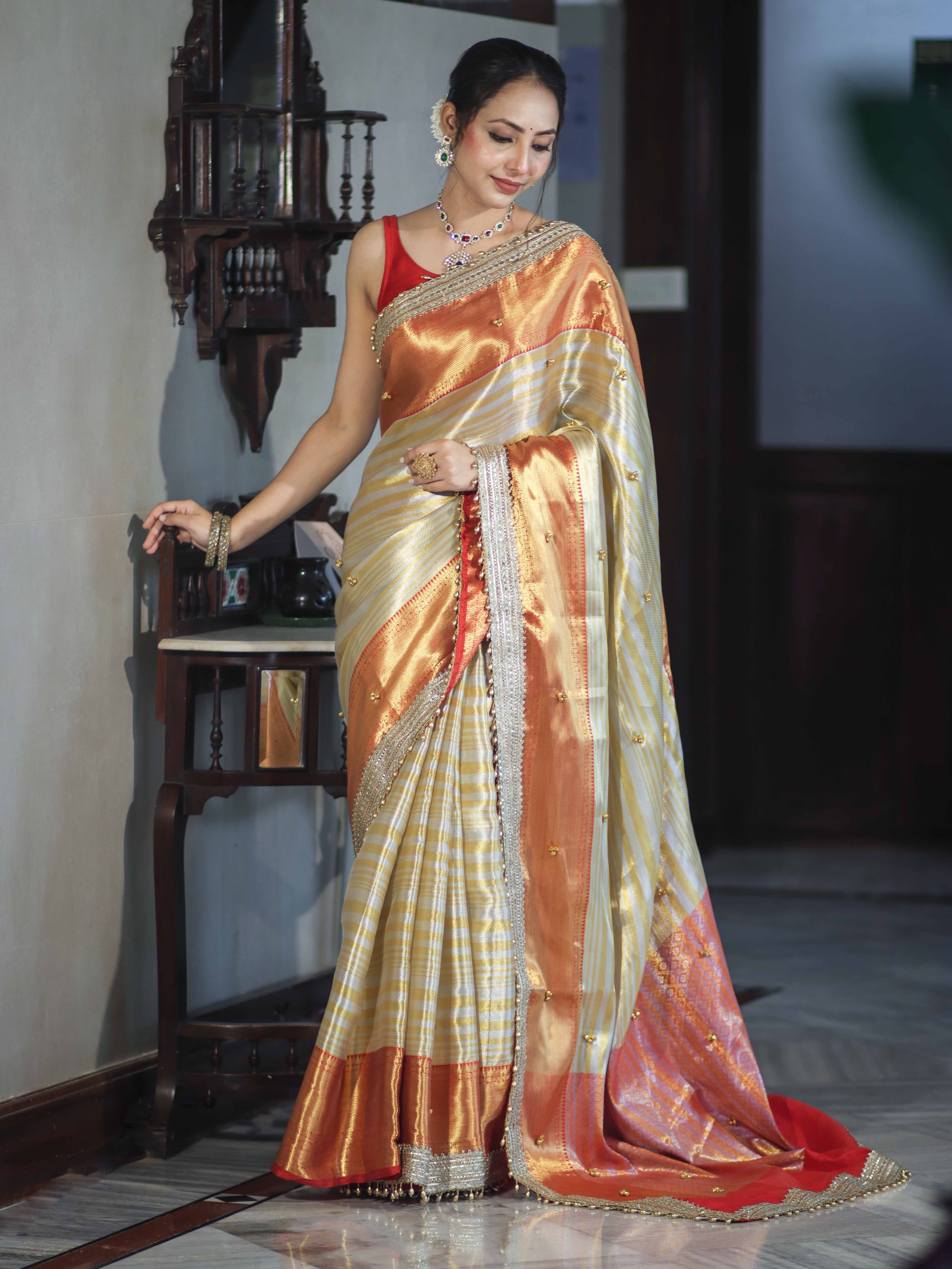 Banarasee Handloom Tissue Saree With Embroidered Ghungroo Contrast Border & Lace-White & Red