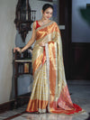 Banarasee Handloom Tissue Saree With Embroidered Ghungroo Contrast Border & Lace-White & Red