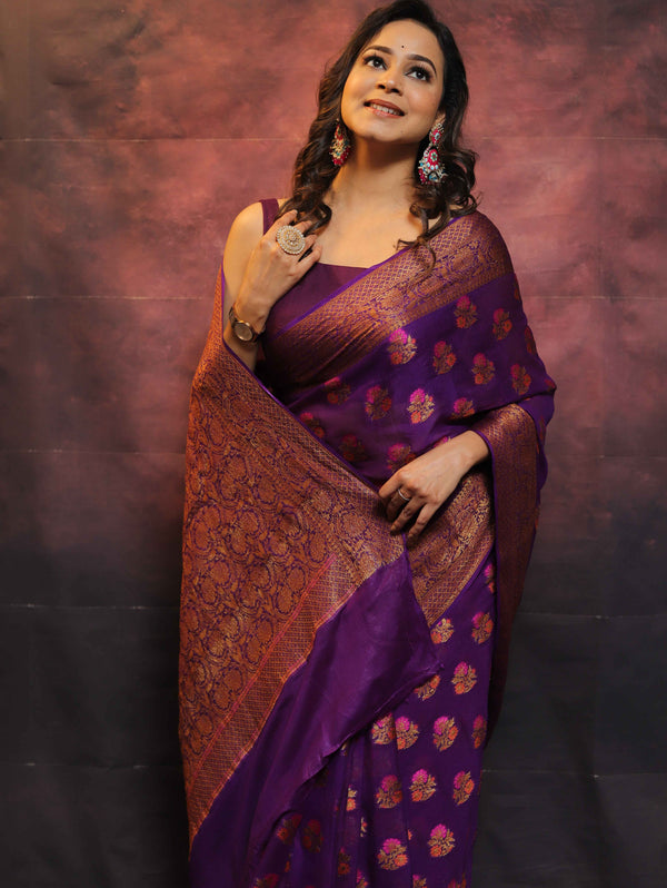 Banarasee  Handwoven Pure Chiffon Saree With Meenakari Work-Violet