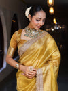 Banarasee Handwoven Plain Tissue Saree With Gold Zari Border & Lace-Yellow