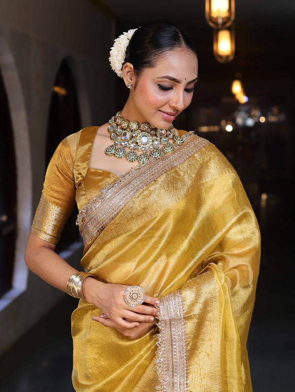 Banarasee Handwoven Plain Tissue Saree With Gold Zari Border & Lace-Yellow