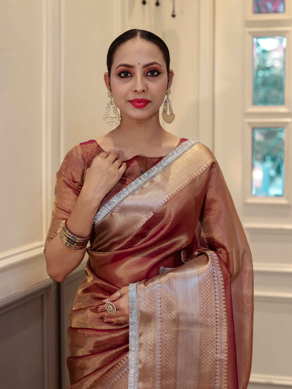 Banarasee Handwoven Dual Shade Plain Tissue Saree With Broad Zari Border & Lace-Rust