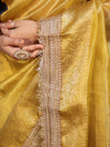 Banarasee Handwoven Plain Tissue Saree With Gold Zari Border & Lace-Yellow