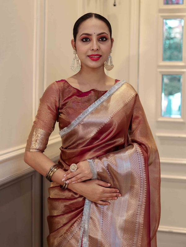 Banarasee Handwoven Dual Shade Plain Tissue Saree With Broad Zari Border & Lace-Rust