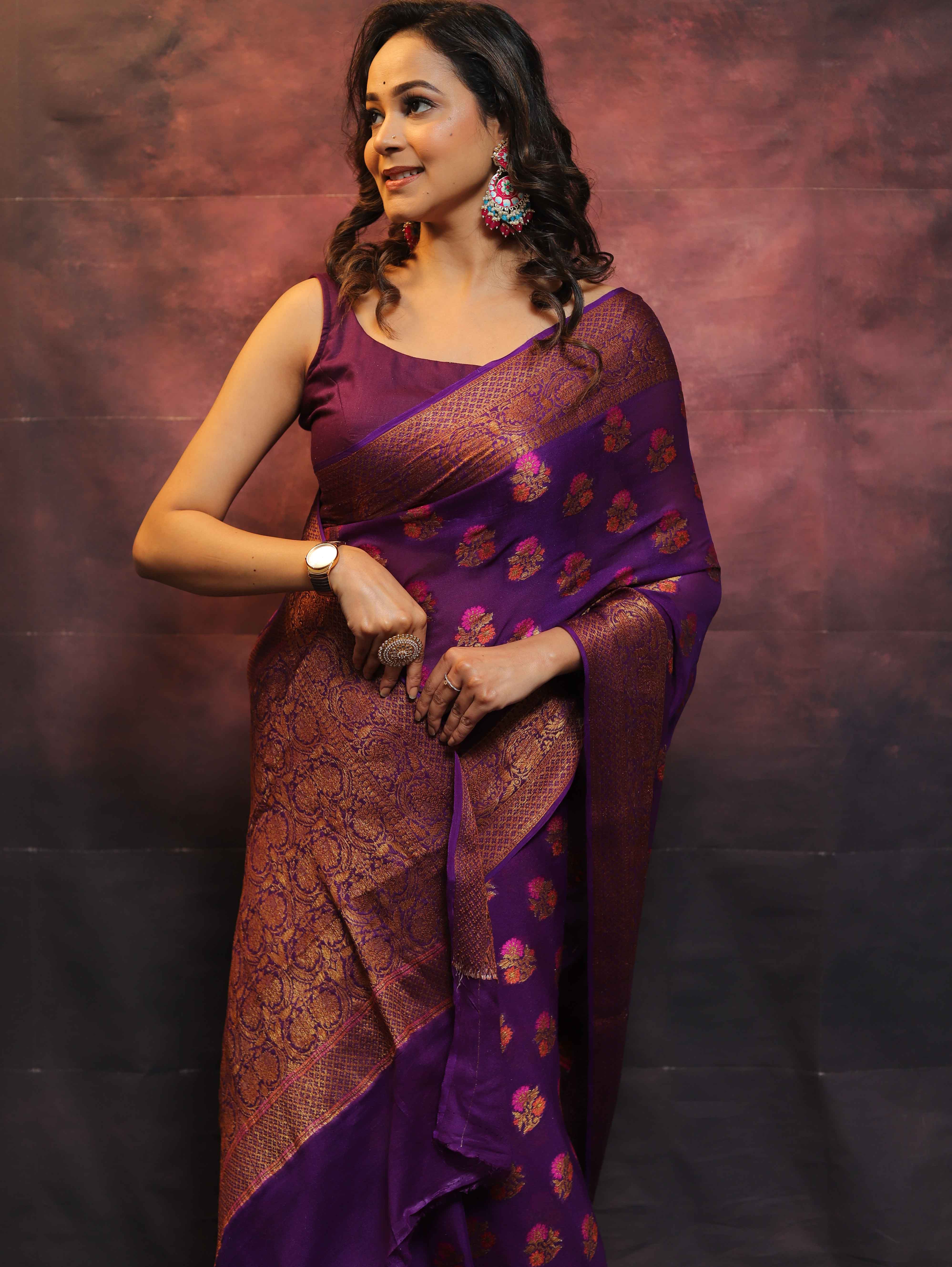 Banarasee  Handwoven Pure Chiffon Saree With Meenakari Work-Violet