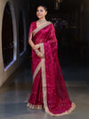 Banarasee Handwoven Tissue Saree With Zari Buti Design & Lace-Magenta