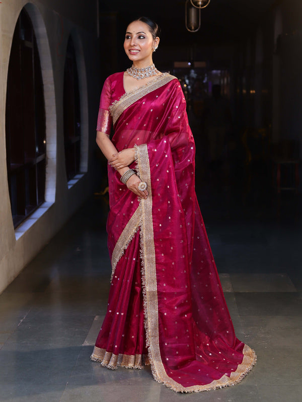 Banarasee Handwoven Tissue Saree With Zari Buti Design & Lace-Magenta