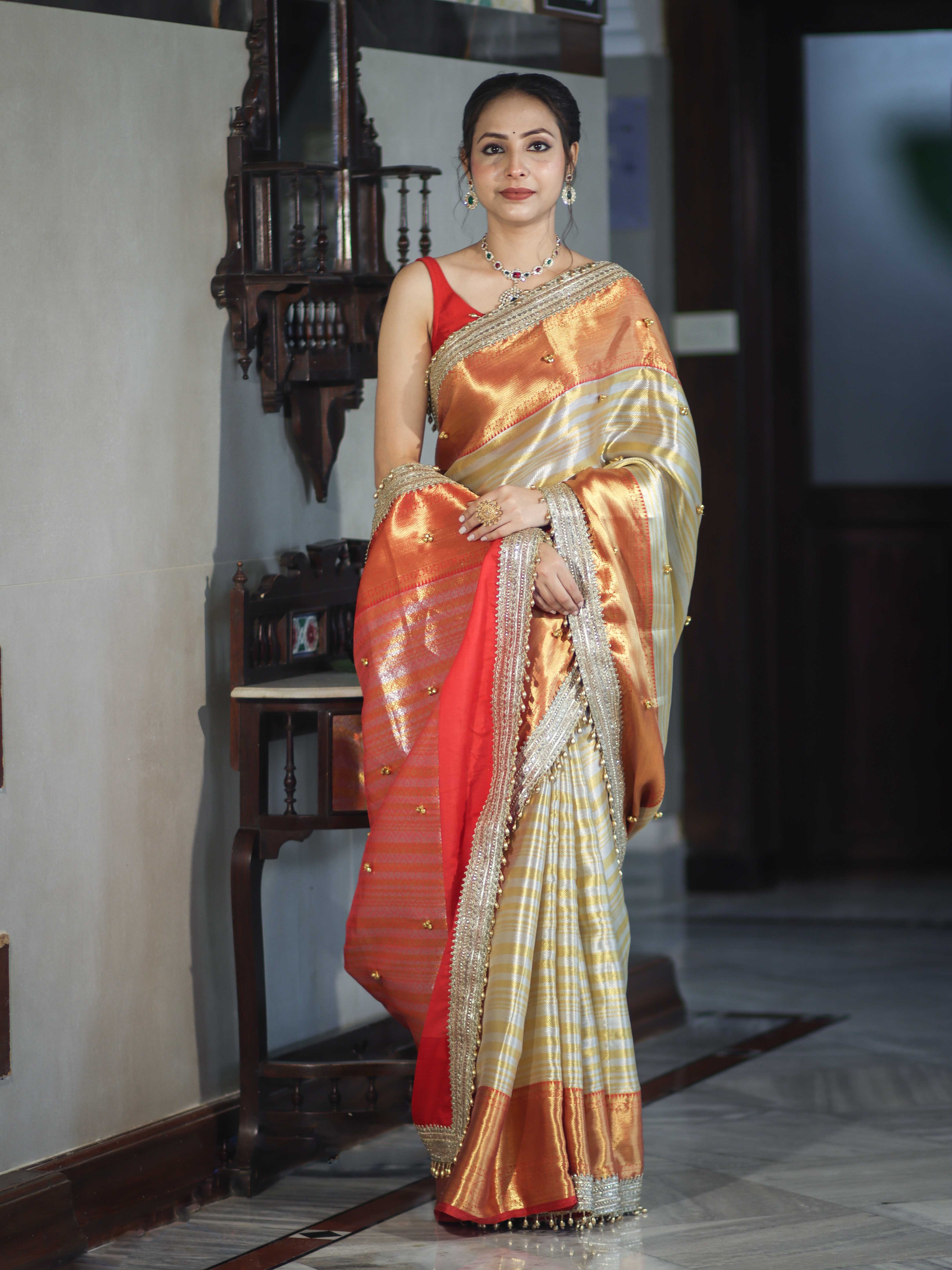 Banarasee Handloom Tissue Saree With Embroidered Ghungroo Contrast Border & Lace-White & Red