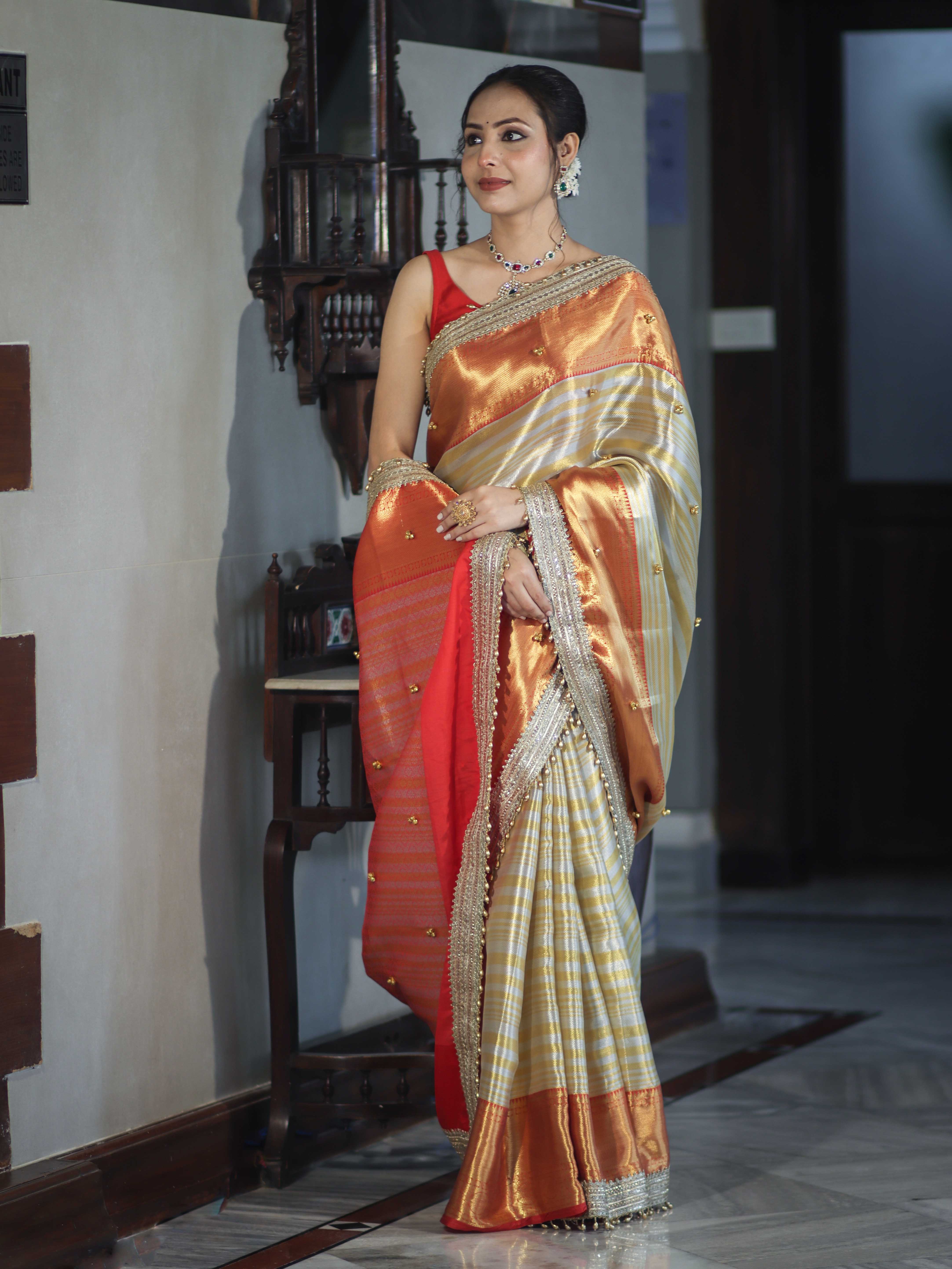 Banarasee Handloom Tissue Saree With Embroidered Ghungroo Contrast Border & Lace-White & Red