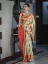 Banarasee Handloom Tissue Saree With Embroidered Ghungroo Contrast Border & Lace-White & Red
