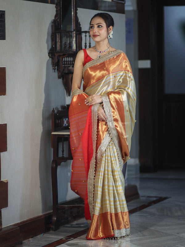 Banarasee Handloom Tissue Saree With Embroidered Ghungroo Contrast Border & Lace-White & Red