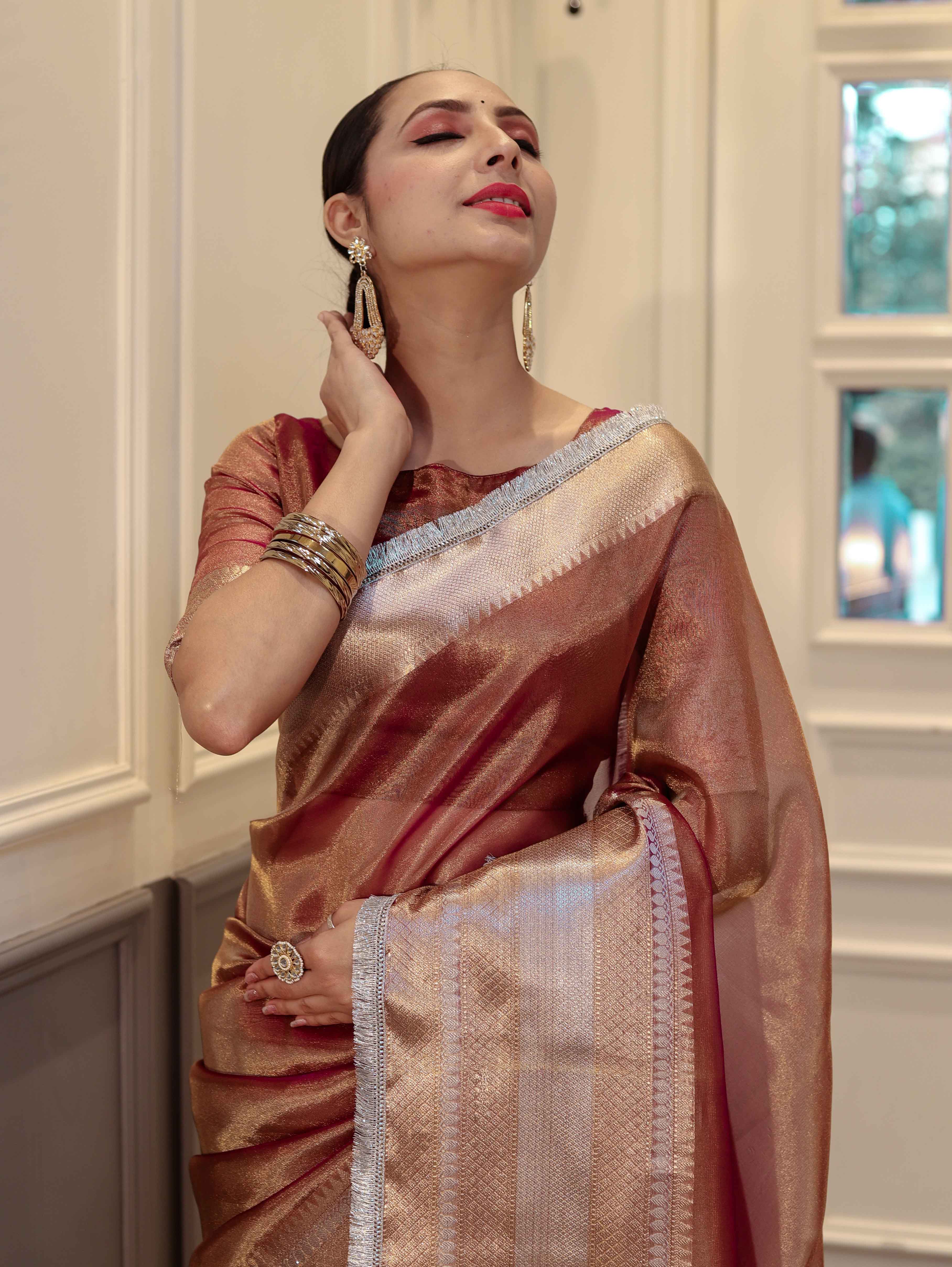Banarasee Handwoven Dual Shade Plain Tissue Saree With Broad Zari Border & Lace-Rust