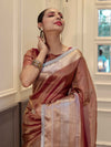 Banarasee Handwoven Dual Shade Plain Tissue Saree With Broad Zari Border & Lace-Rust