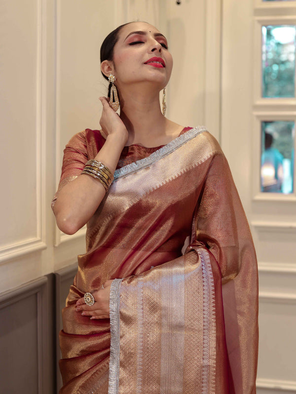 Banarasee Handwoven Dual Shade Plain Tissue Saree With Broad Zari Border & Lace-Rust