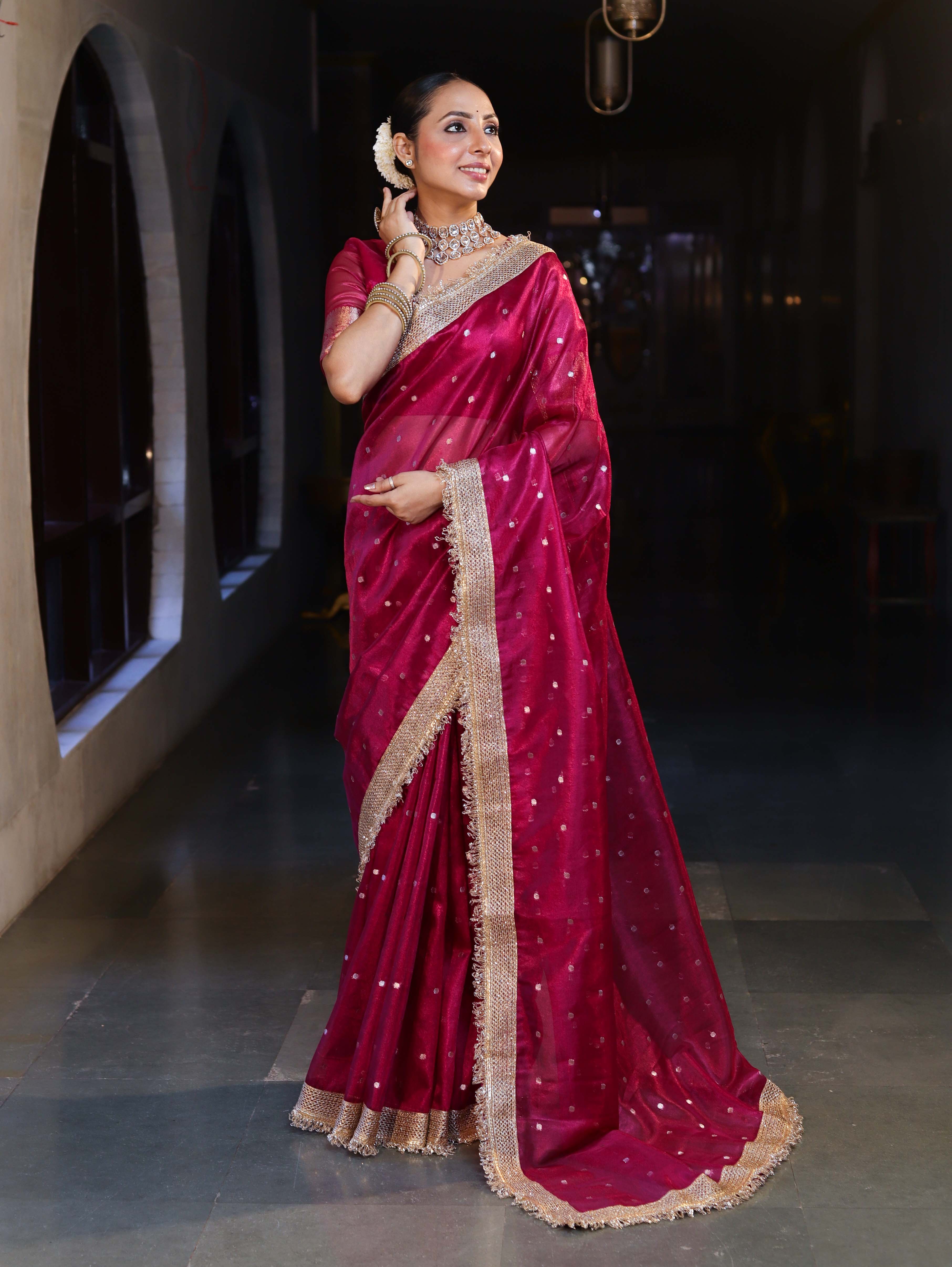 Banarasee Handwoven Tissue Saree With Zari Buti Design & Lace-Magenta