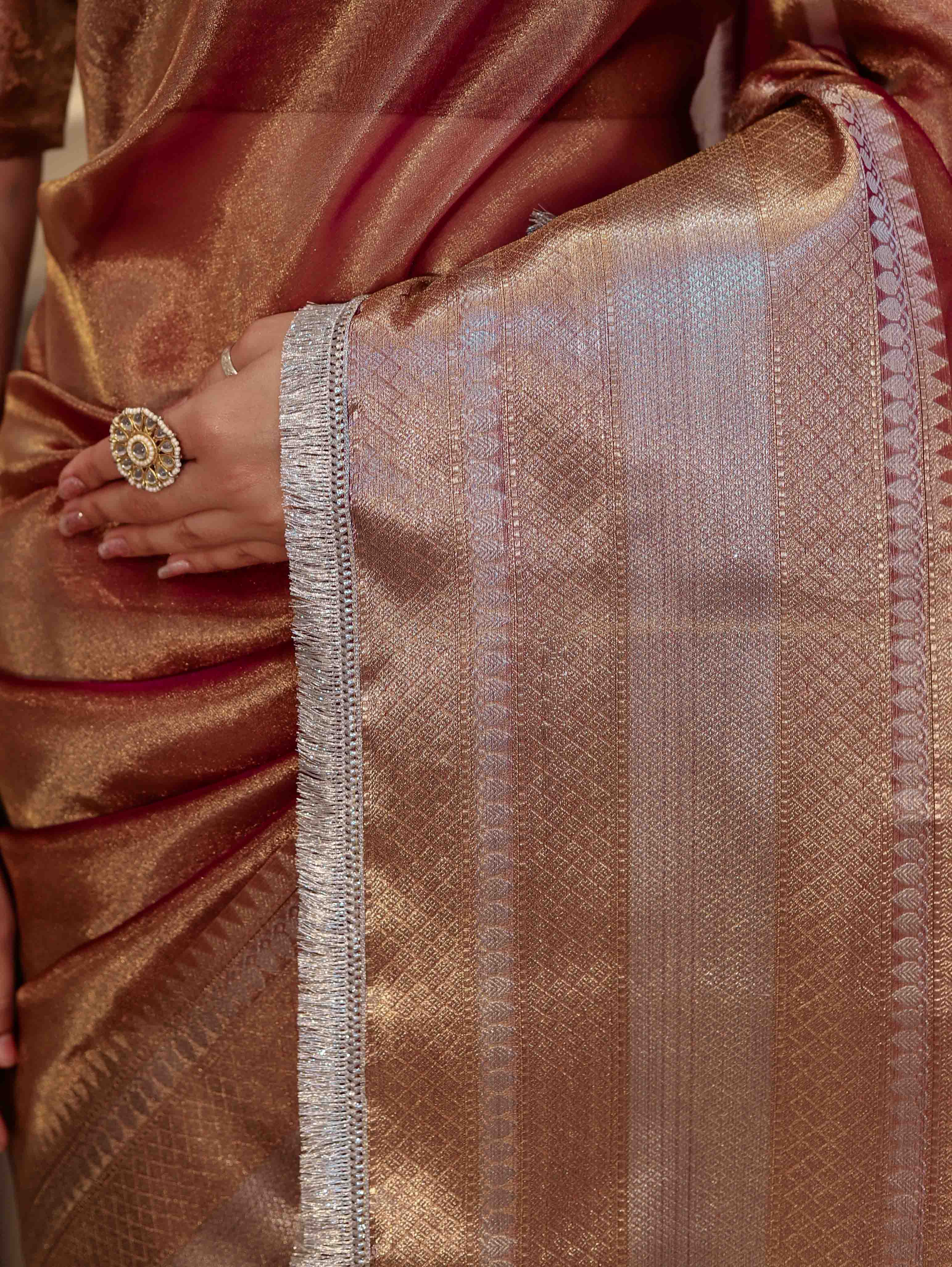 Banarasee Handwoven Dual Shade Plain Tissue Saree With Broad Zari Border & Lace-Rust