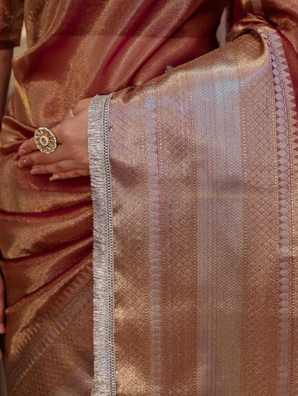 Banarasee Handwoven Dual Shade Plain Tissue Saree With Broad Zari Border & Lace-Rust