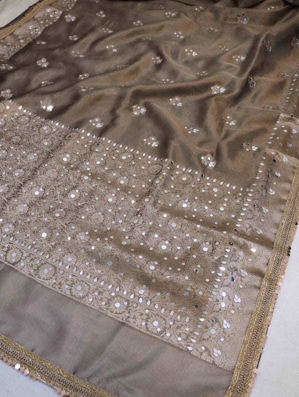 Banarasee Handwoven Tissue Zari Woven Mirror Work Saree-Earthy Brown