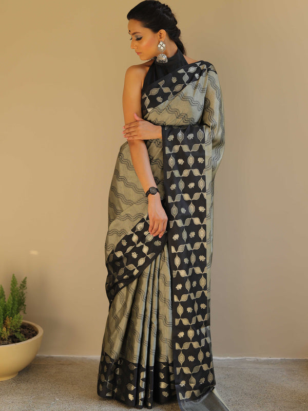 Banarasee Handloom Linen Silk Mix Saree-Grey & Black