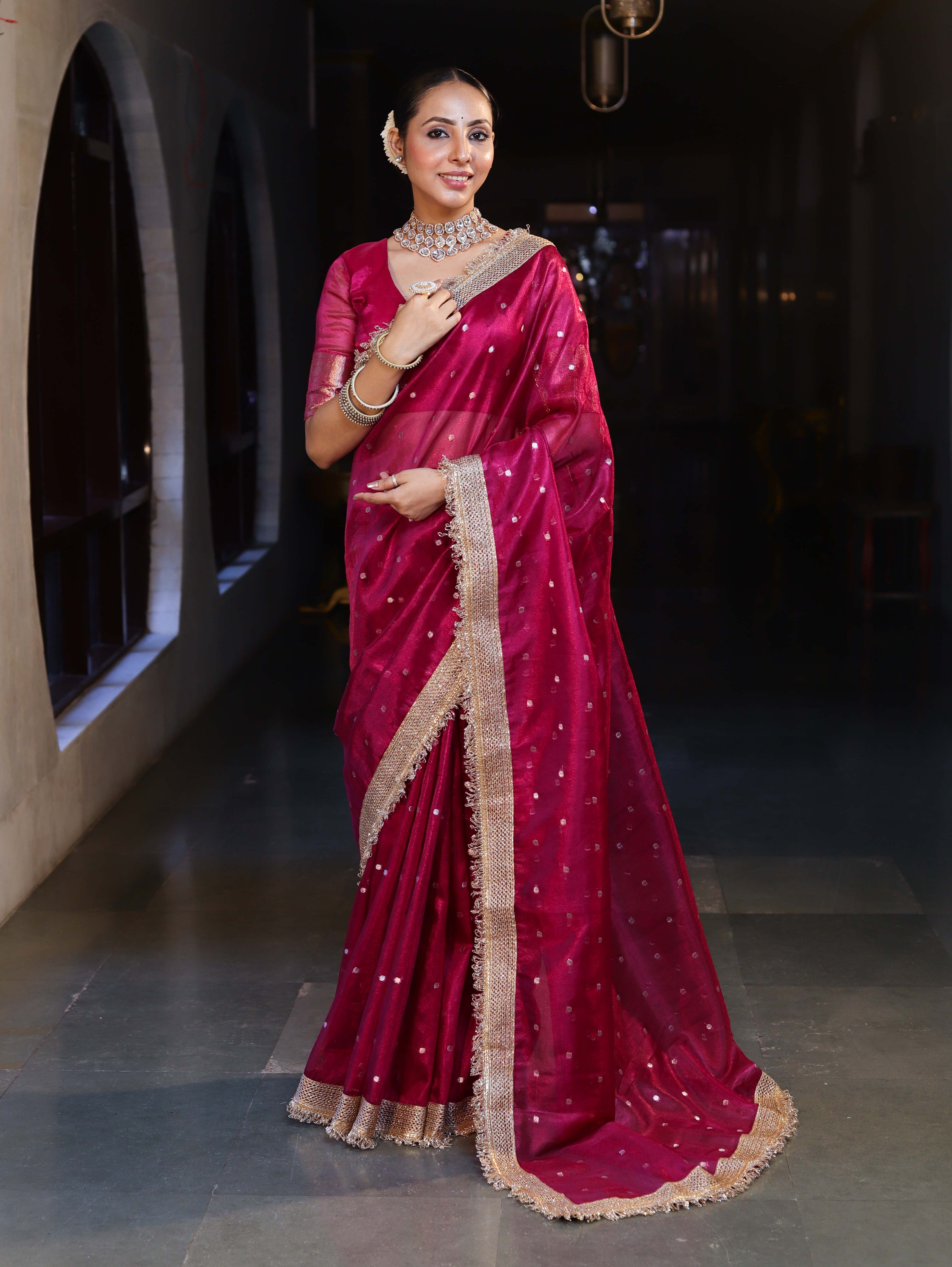 Banarasee Handwoven Tissue Saree With Zari Buti Design & Lace-Magenta