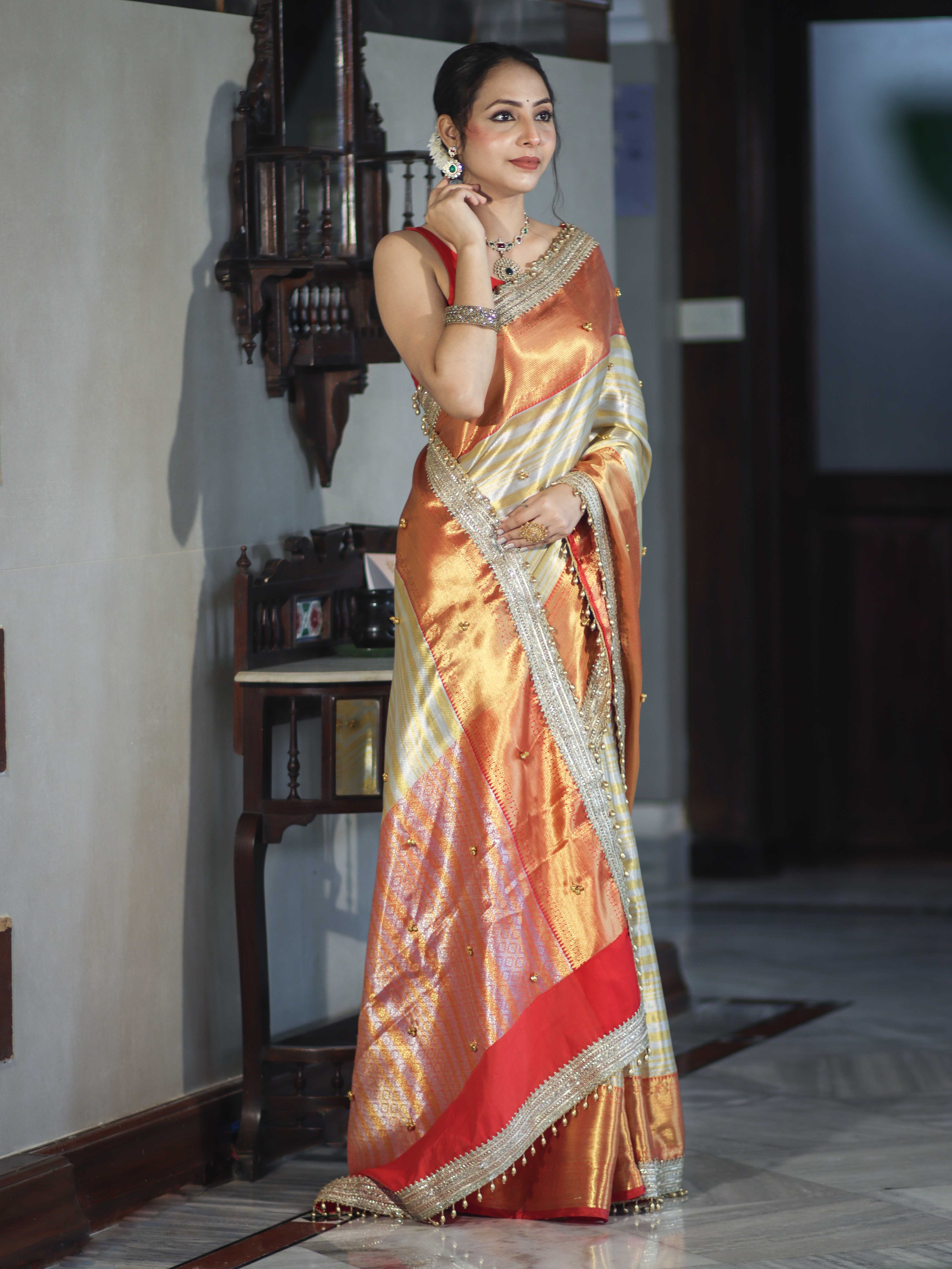 Banarasee Handloom Tissue Saree With Embroidered Ghungroo Contrast Border & Lace-White & Red