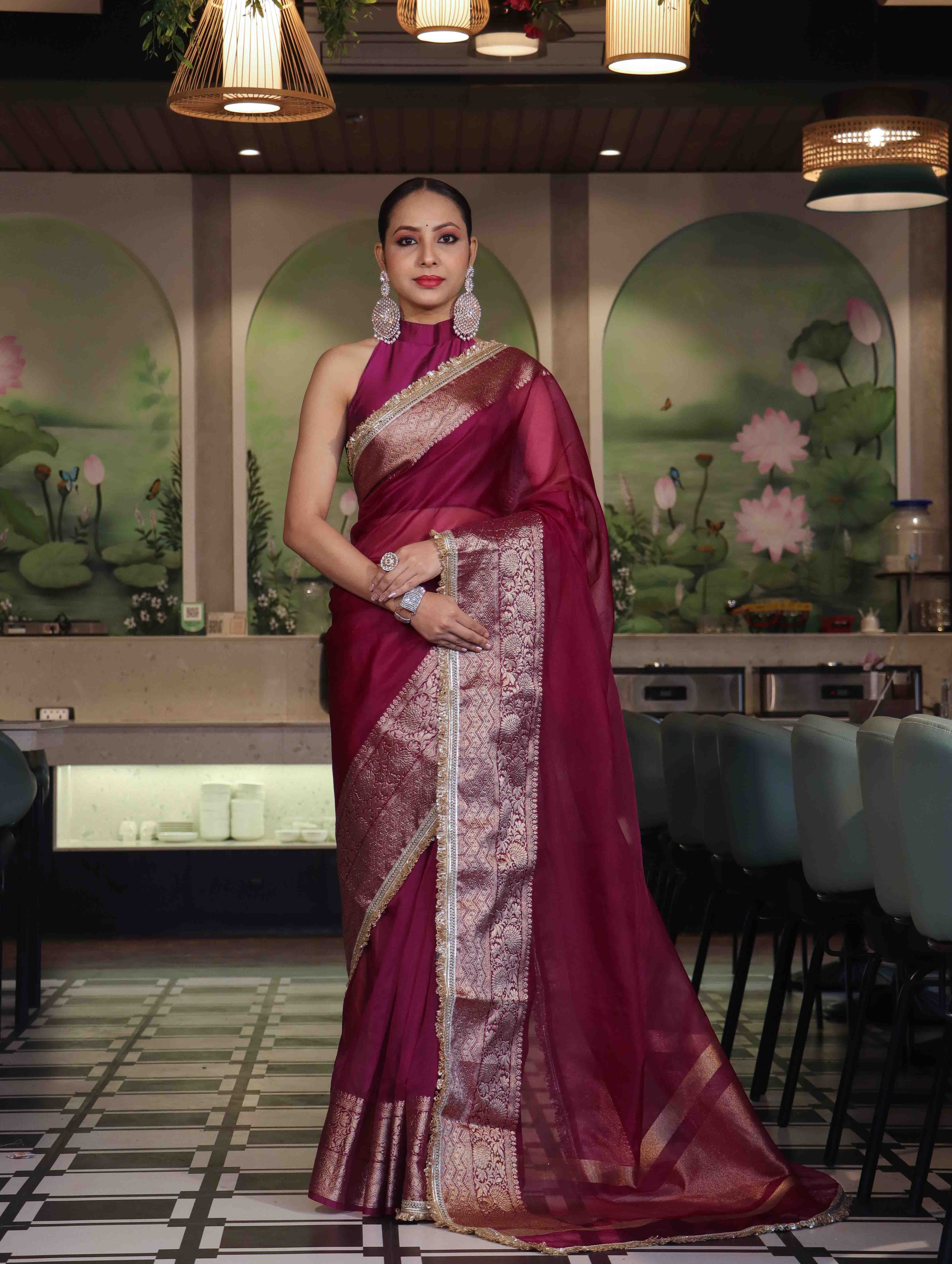 Banarasee Handwoven Plain Tissue Saree With Broad Zari Border & Lace-Dark Magenta