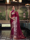 Banarasee Handwoven Plain Tissue Saree With Broad Zari Border & Lace-Dark Magenta