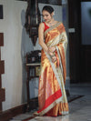 Banarasee Handloom Tissue Saree With Embroidered Ghungroo Contrast Border & Lace-White & Red