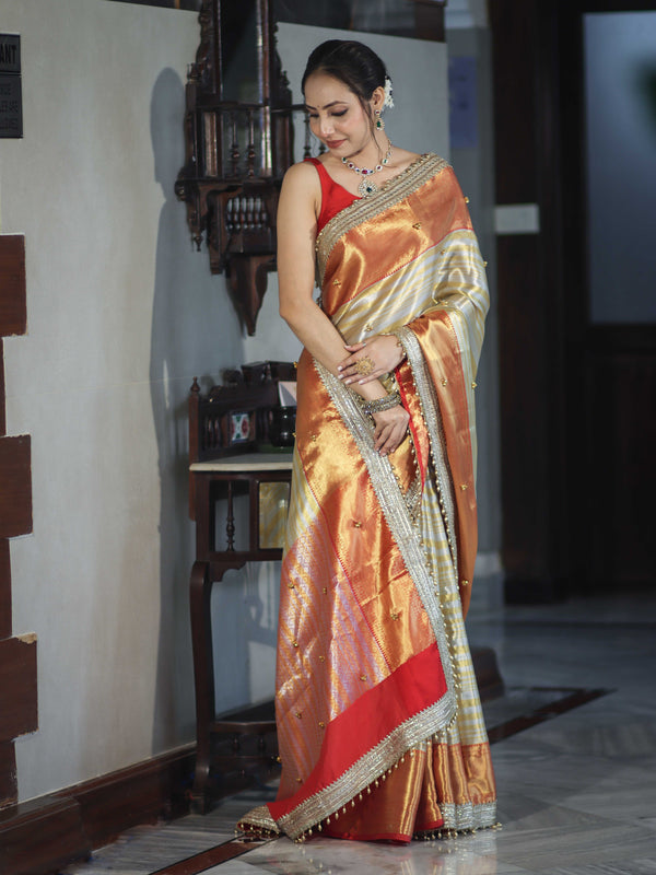Banarasee Handloom Tissue Saree With Embroidered Ghungroo Contrast Border & Lace-White & Red