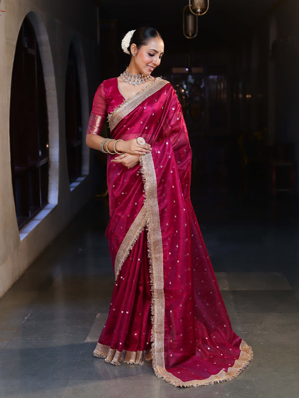 Banarasee Handwoven Tissue Saree With Zari Buti Design & Lace-Magenta