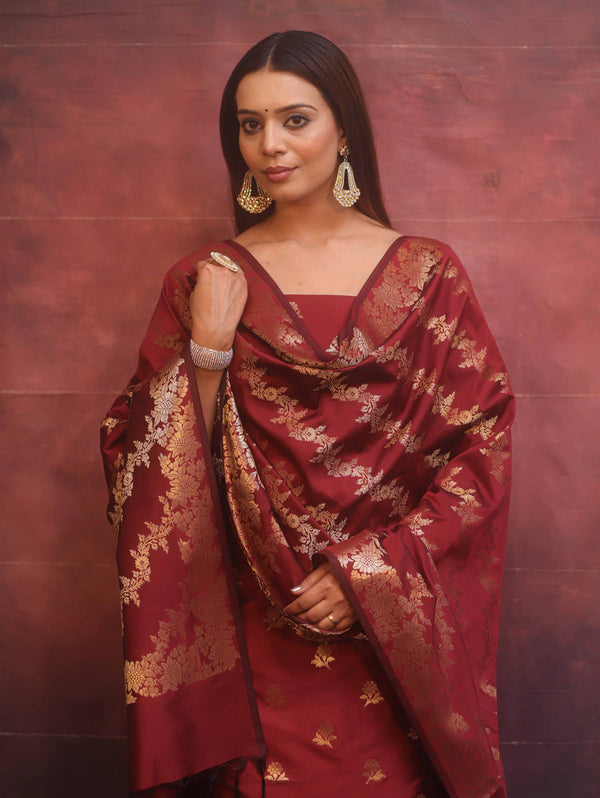 Banarasee Semi-Silk Salwar Kameez Fabric With Dupatta Set-Maroon
