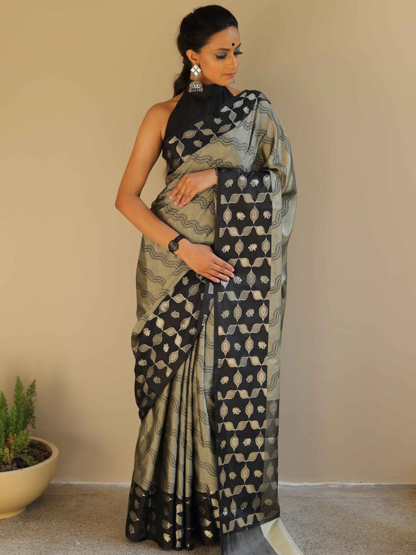 Banarasee Handloom Linen Silk Mix Saree-Grey & Black
