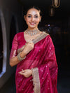 Banarasee Handwoven Tissue Saree With Zari Buti Design & Lace-Magenta