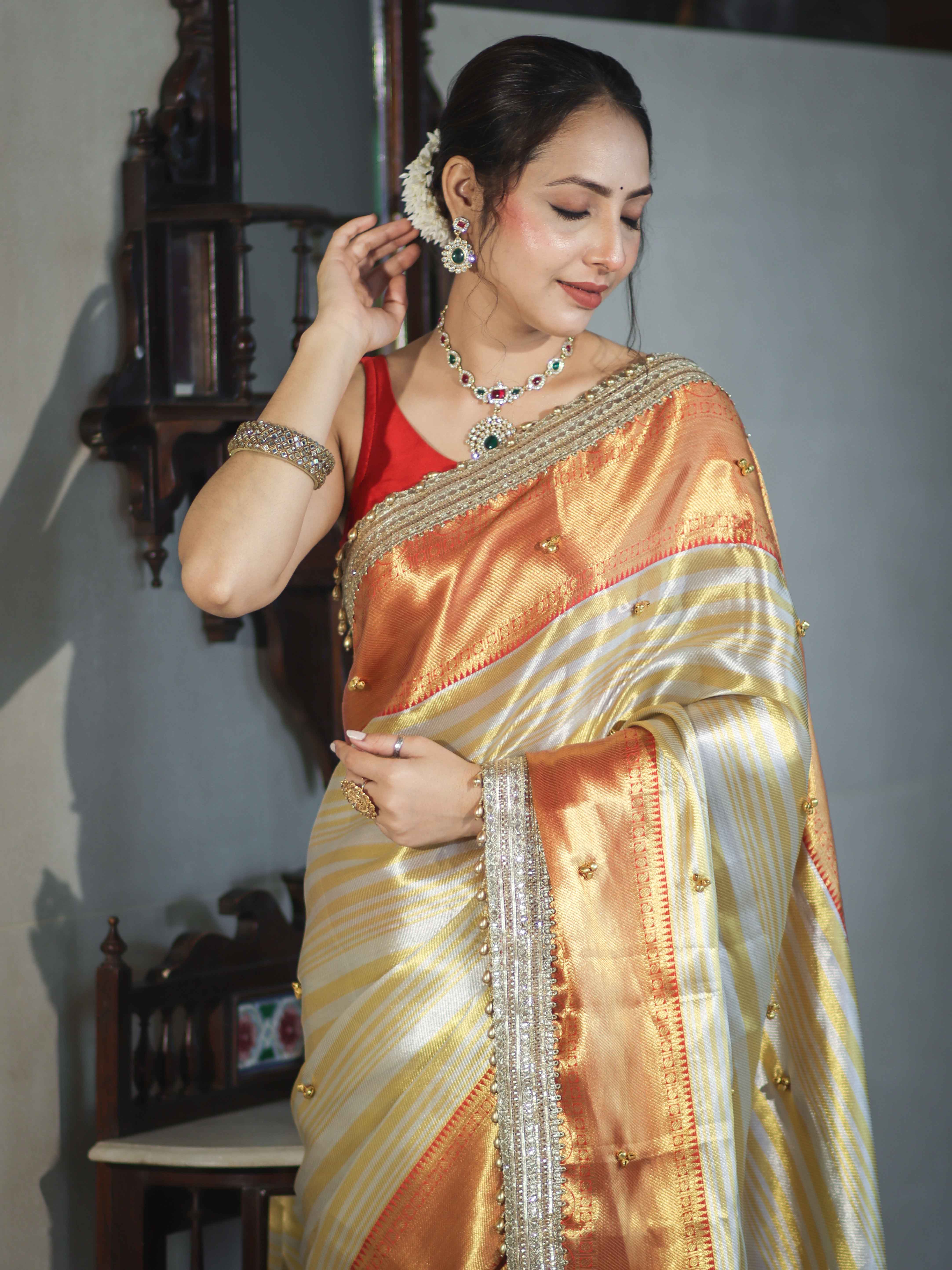 Banarasee Handloom Tissue Saree With Embroidered Ghungroo Contrast Border & Lace-White & Red