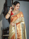 Banarasee Handloom Tissue Saree With Embroidered Ghungroo Contrast Border & Lace-White & Red