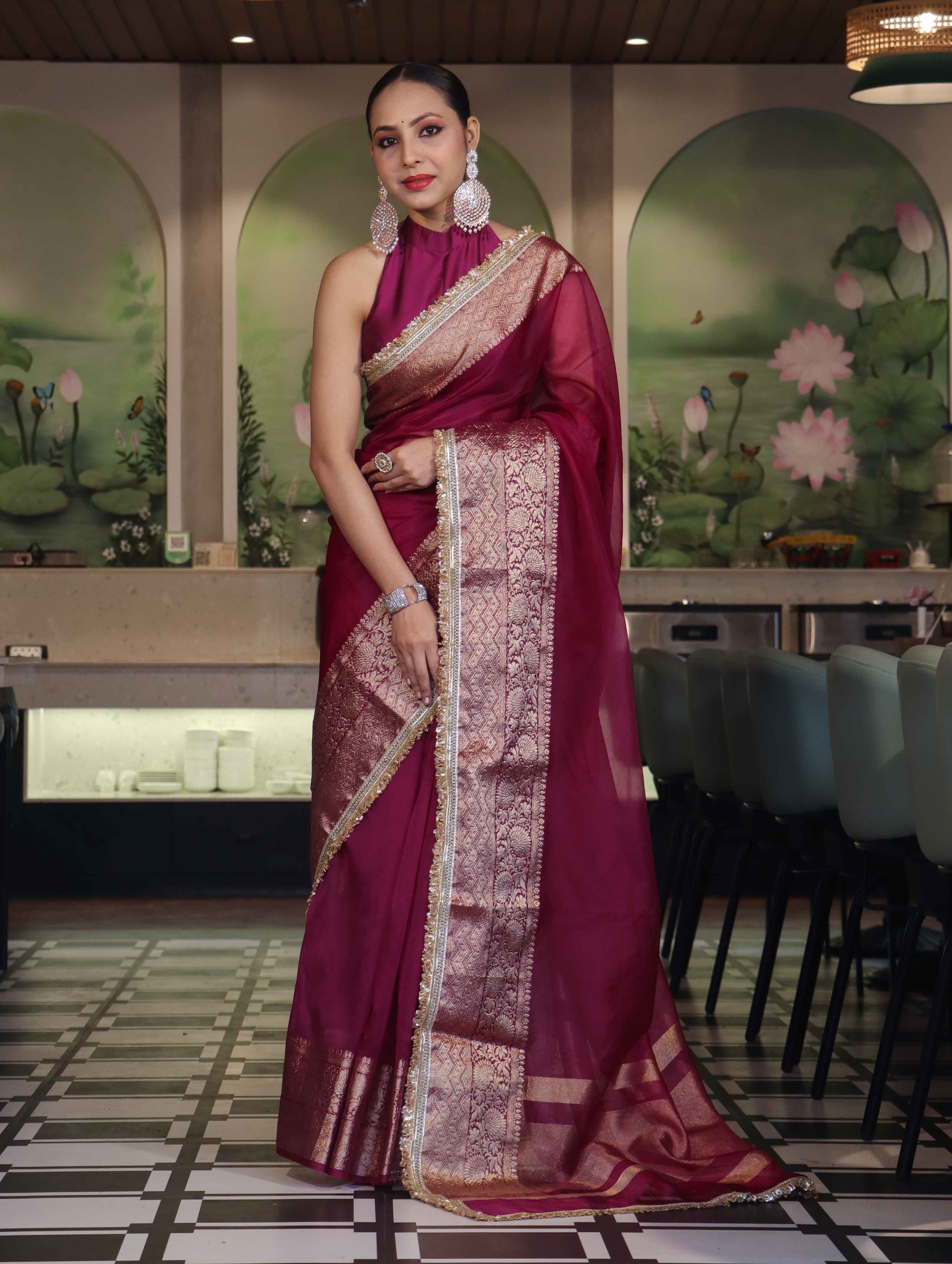 Banarasee Handwoven Plain Tissue Saree With Broad Zari Border & Lace-Dark Magenta