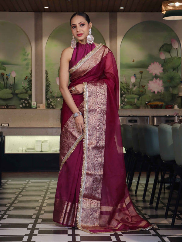 Banarasee Handwoven Plain Tissue Saree With Broad Zari Border & Lace-Dark Magenta